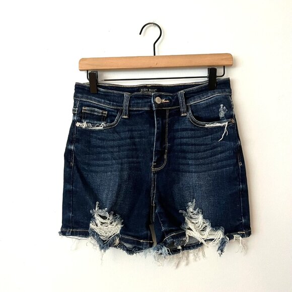 Judy Blue Dark Wash High Rise Distressed Jean Shorts Women's Size Medium - Picture 1 of 7